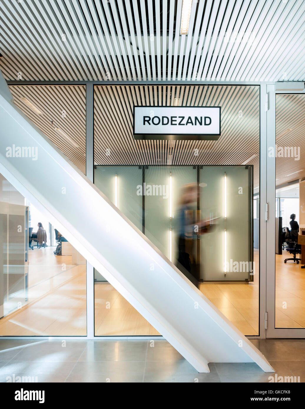 Detail showing entrace to office and white steel structural beam. Timmerhuis, Rotterdam, Netherlands. Architect: OMA Rem Koolhaas, 2015. Stock Photo