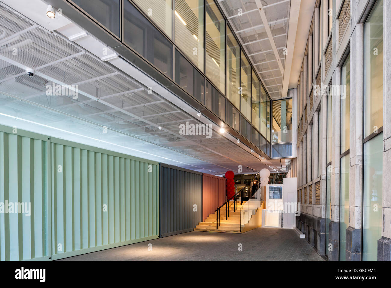 Interior view of intersection of two building as seen from inside the Rotterdam Museum. Timmerhuis, Rotterdam, Netherlands. Architect: OMA Rem Koolhaas, 2015. Stock Photo