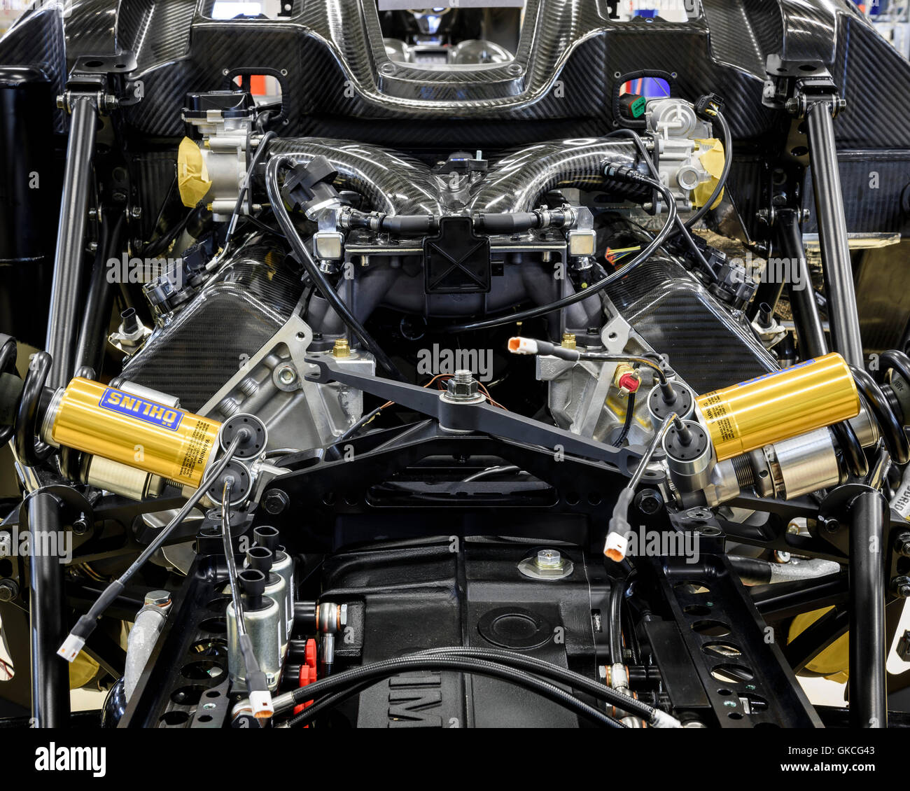 An engine inside the car. Koenigsegg Supercar Factory, Angelholm, Sweden. Architect: -, 2016. Stock Photo