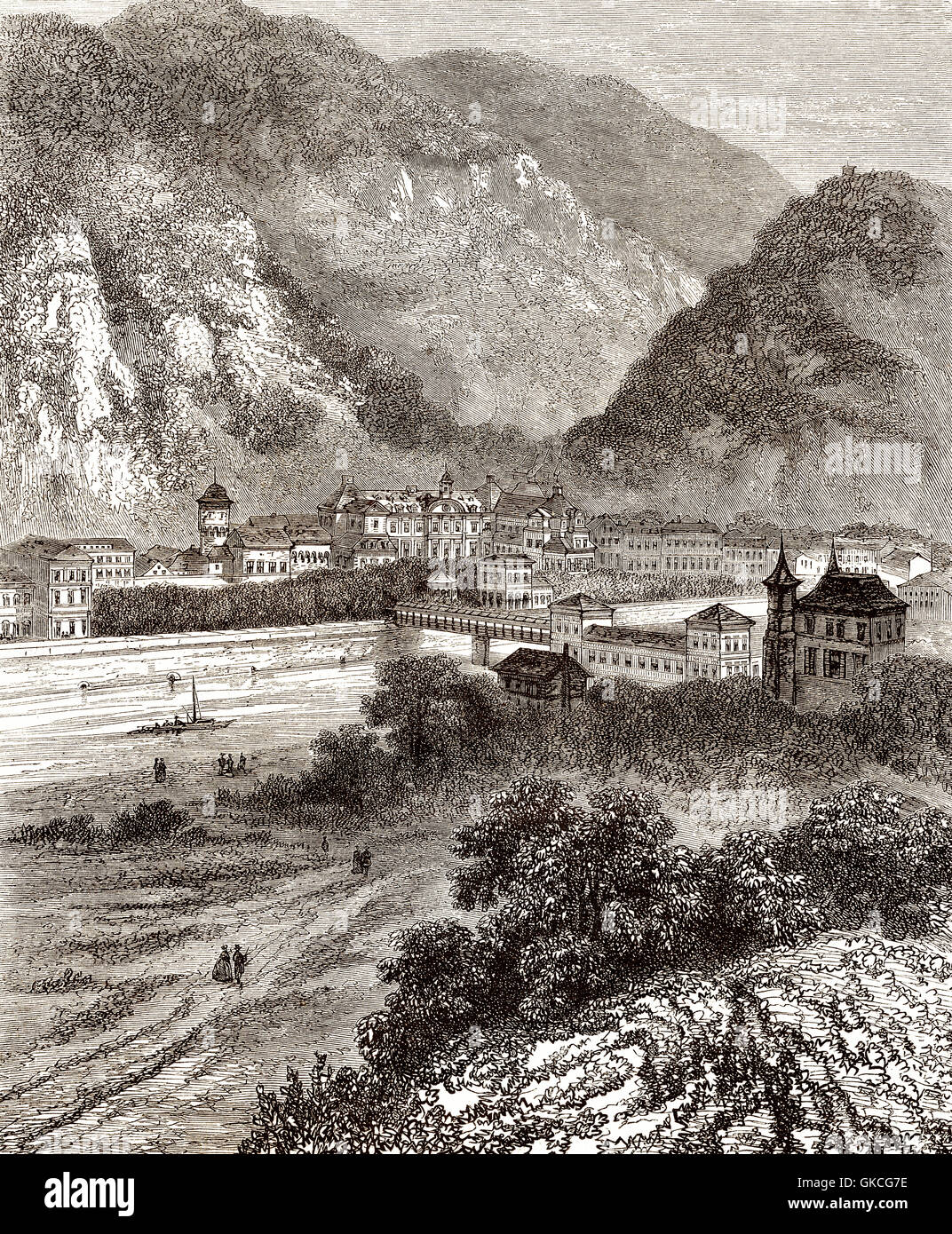 Cityscape of Bad Ems, Rheinland Pfalz, Germany, 19th century Stock Photo