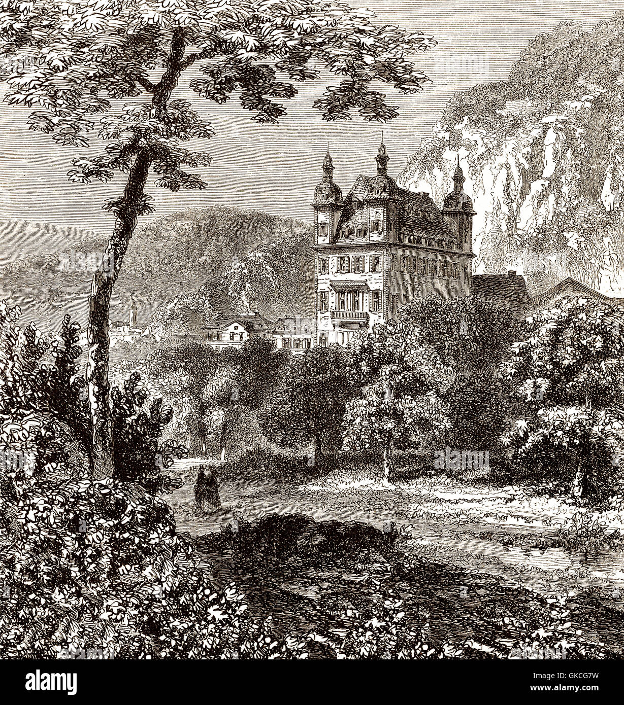 The Haus Vier Türme, Karlsburg, or Four Tower House, Bad Ems, Rheinland Pfalz, Germany, 19th century Stock Photo