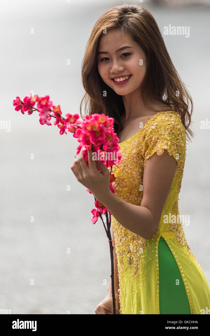 Vietnamese girl with flowers, Vietnam Stock Photo Alamy