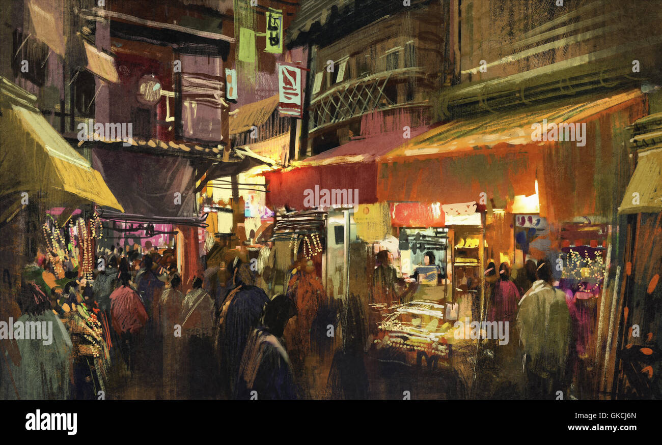 crowd of people walking in the market at night,digital painting Stock ...