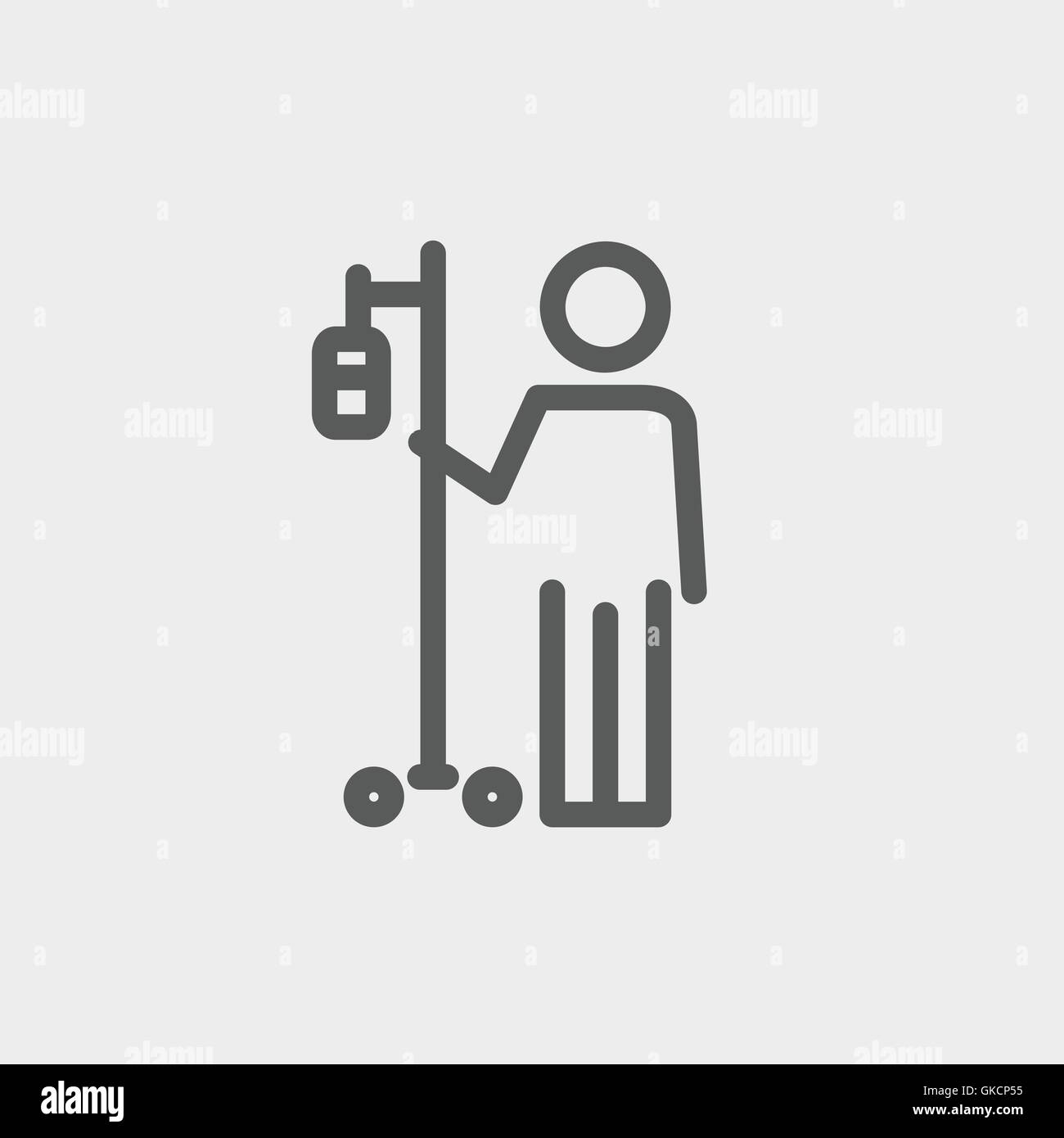 Patient standing with intravenous saline solution thin line icon Stock Vector