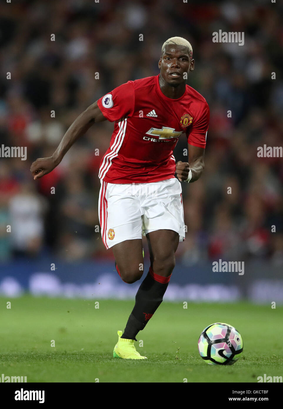 Manchester United's Paul Pogba during the Premier League match at Old Trafford, Manchester. PRESS ASSOCIATION Photo. Picture date: Friday August 19, 2016. See PA story SOCCER Man Utd. Photo credit should read: Nick Potts/PA Wire. RESTRICTIONS: No use with unauthorised audio, video, data, fixture lists, club/league logos or 'live' services. Online in-match use limited to 75 images, no video emulation. No use in betting, games or single club/league/player publications. Stock Photo