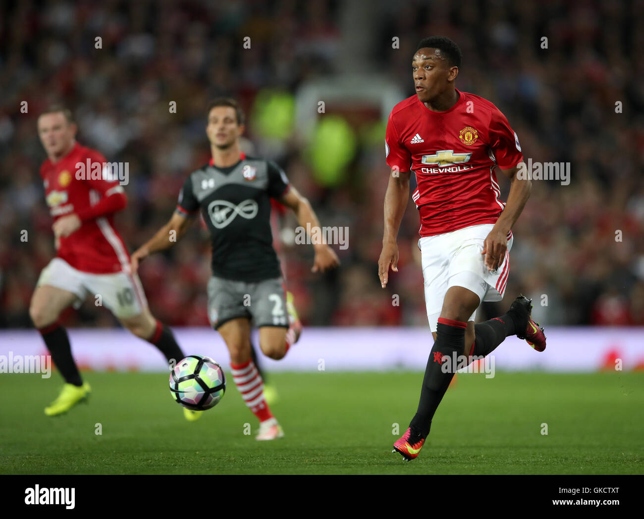 Manchester United's Anthony Martial during the Premier League match at Old Trafford, Manchester. PRESS ASSOCIATION Photo. Picture date: Friday August 19, 2016. See PA story SOCCER Man Utd. Photo credit should read: Nick Potts/PA Wire. RESTRICTIONS: No use with unauthorised audio, video, data, fixture lists, club/league logos or 'live' services. Online in-match use limited to 75 images, no video emulation. No use in betting, games or single club/league/player publications. Stock Photo