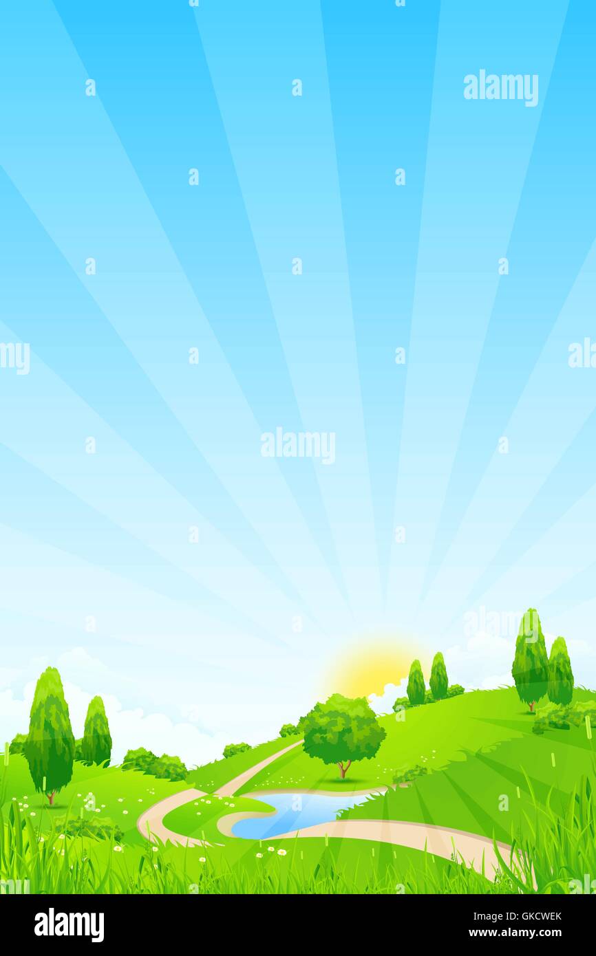 Green Landscape with Trees Lake and Road Stock Vector Image & Art - Alamy