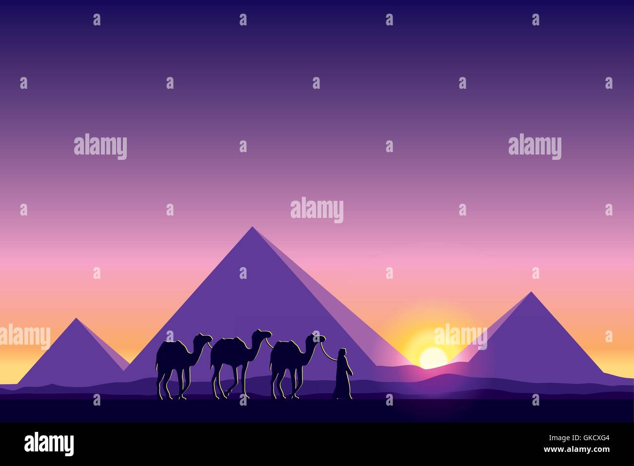 Egypt Great Pyramids with Camel caravan on sunset background Stock Vector