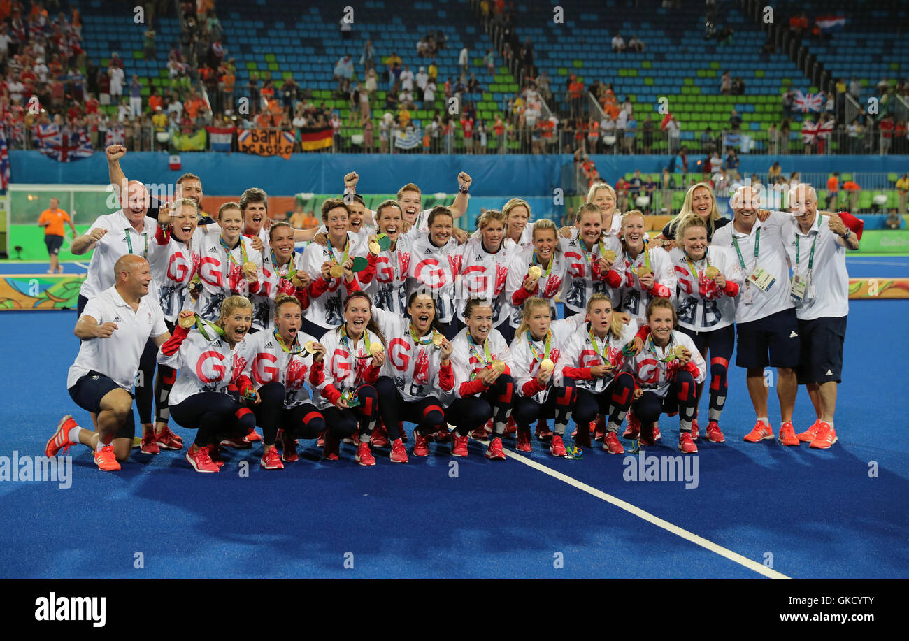 Great Britain with their medals following victory over Holland in the gold medal match at the Olympic Hockey Centre on the Fourteenth day of the Rio Olympics Games, Brazil. Stock Photo