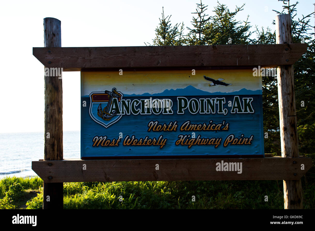 Sign of "North Americas Most westerly Highway Point" at Anchor Point
