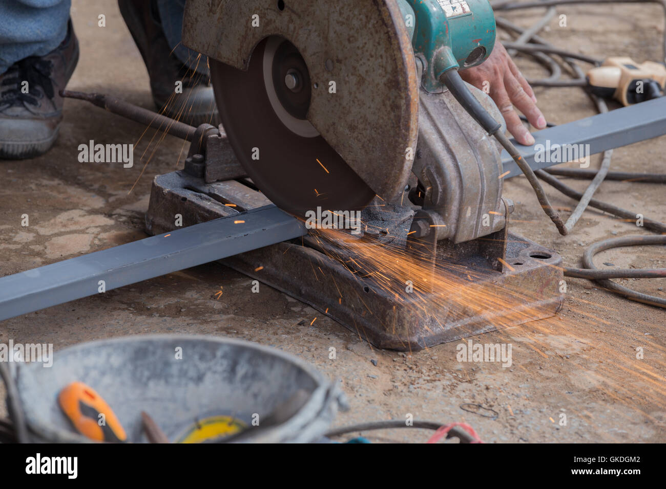 Cutting Steel with grinder. Sparks while grinding iron Stock Photo Alamy