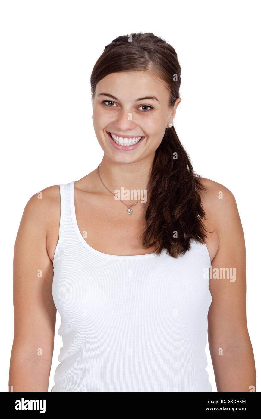 laughing young woman in leisure outfit isolated Stock Photo