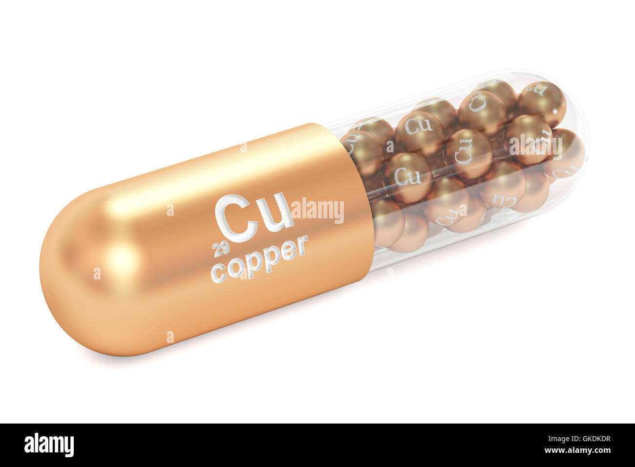 Capsule with copper Cu element Dietary supplement, 3D rendering isolated on white background Stock Photo