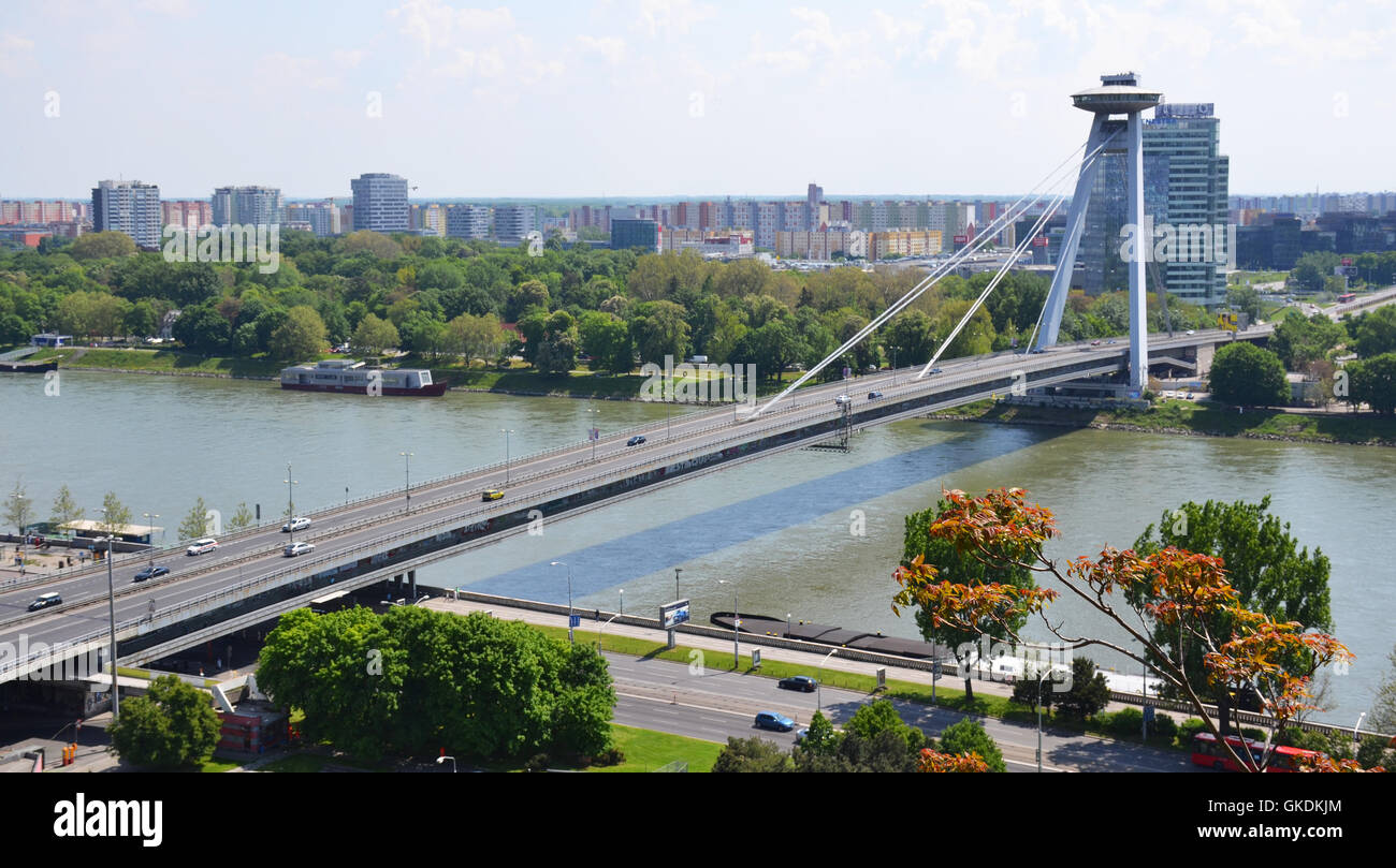 Novy Most Bridge across the Danube River in Bratislava, Slovakia. Stock Photo