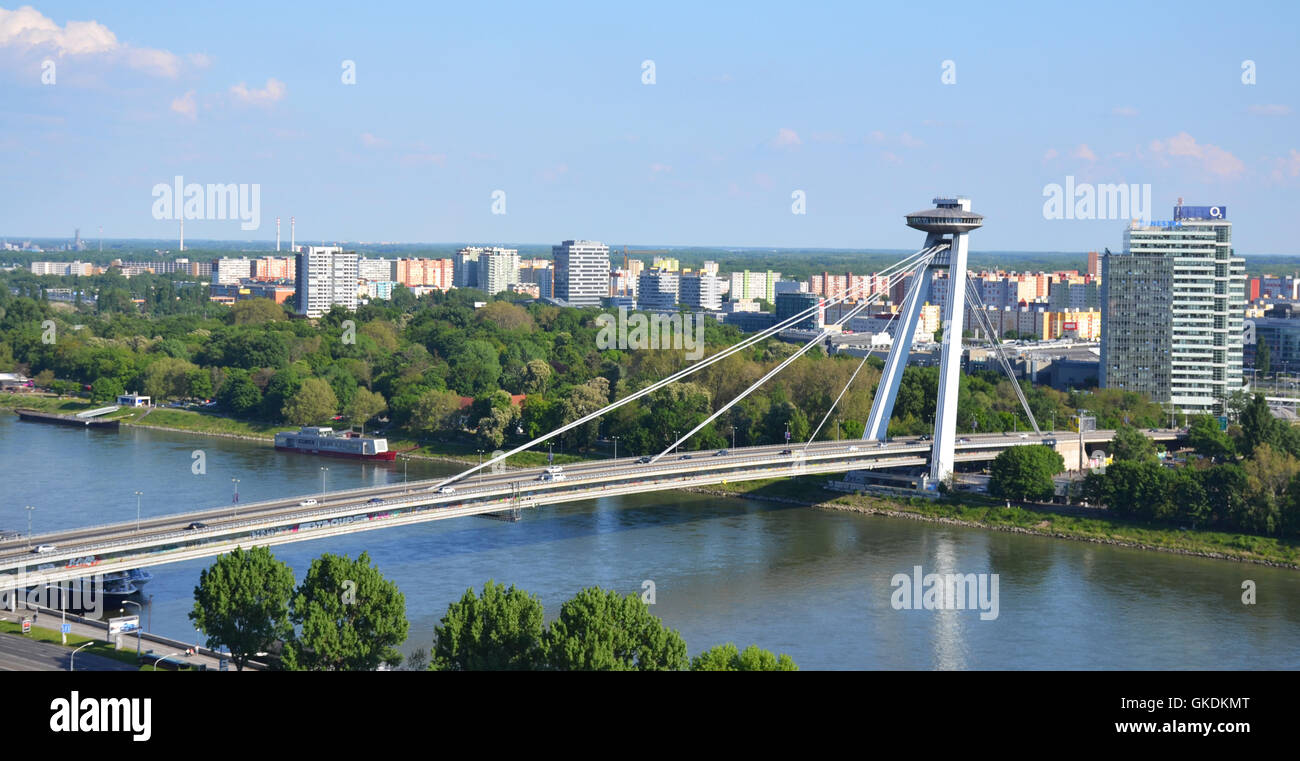 Novy Most Bridge across the Danube River in Bratislava, Slovakia. Stock Photo
