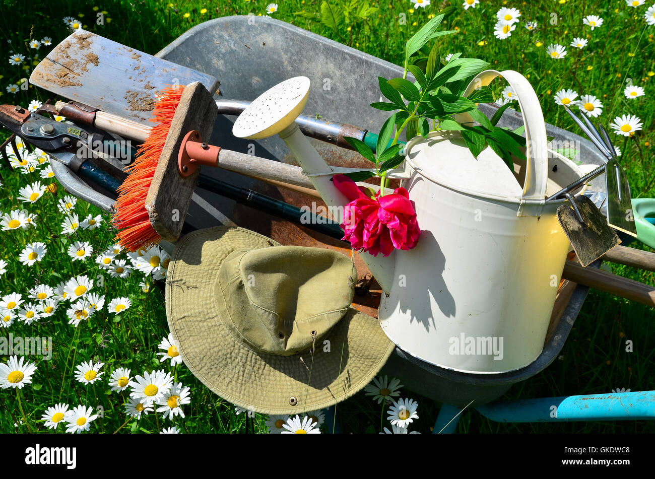 garden tools flower meadow Stock Photo Alamy