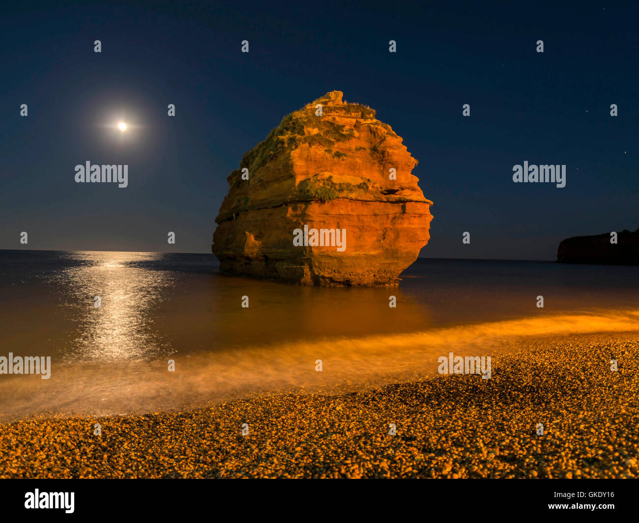 Jurassic coast rock formation by moonlight at Ladram Bay Cove, Devon Stock Photo