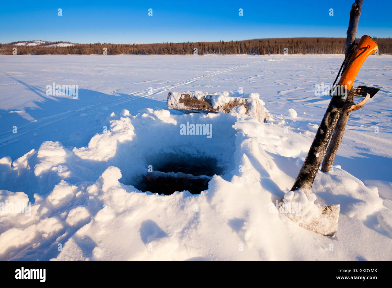 Ice-fishing hole Stock Photo