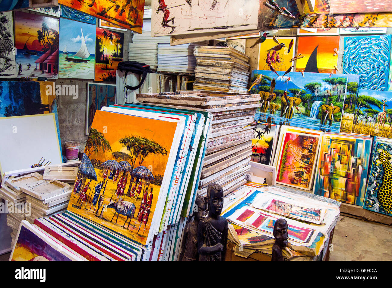 Tingatinga paintings in art shop, Tingatinga Centre, Oyster Bay, Dares