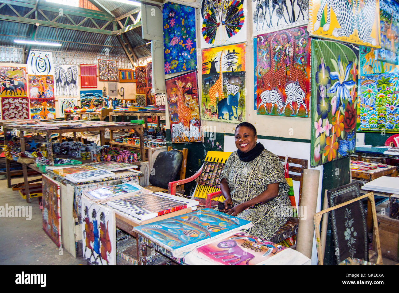 Tingatinga paintings in art shop, Tingatinga Centre, Oyster Bay, Dares