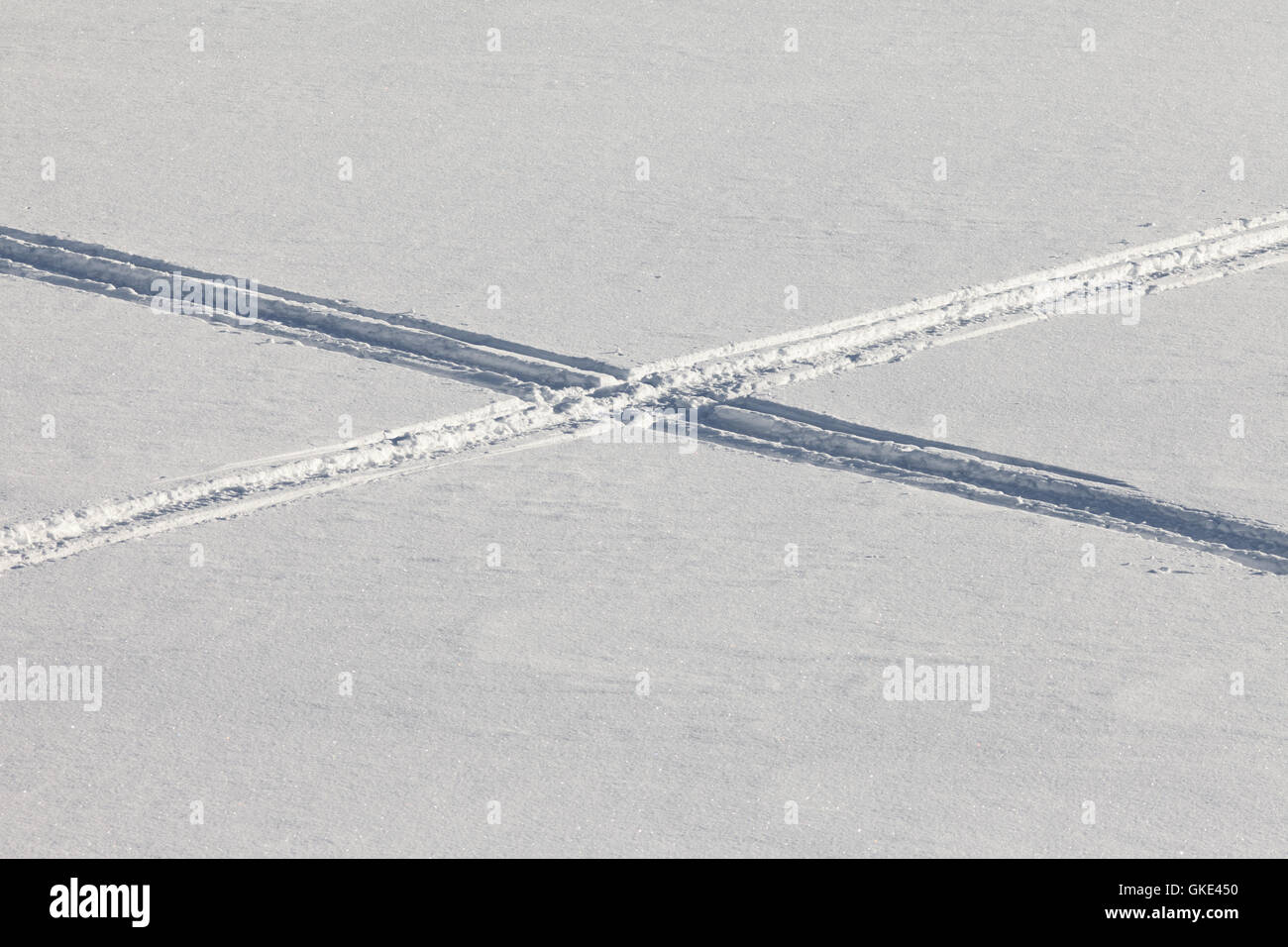 Crossing snowmobil tracks in powder surface Stock Photo Alamy