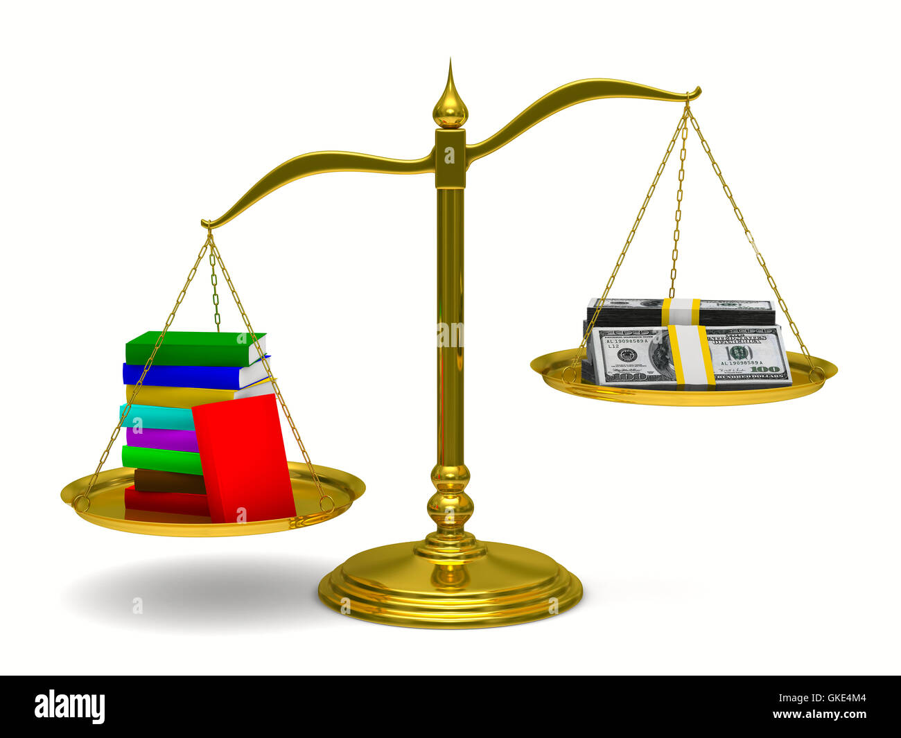 Books and money on scales. Isolated 3D image Stock Photo Alamy