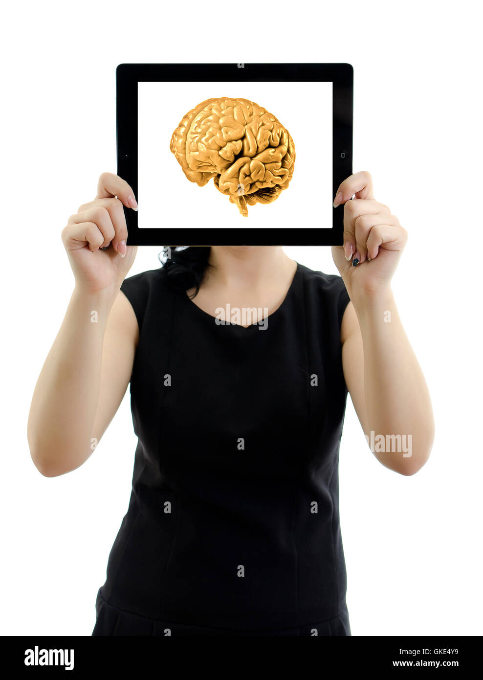 Woman holding tablet pc. Brain concept. Isolated on white. Stock Photo