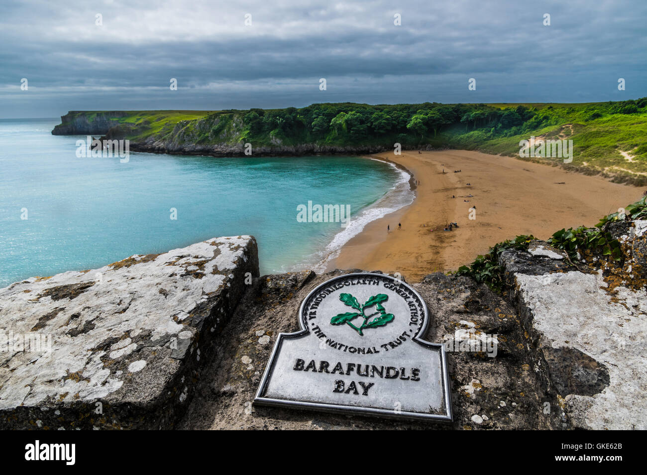 A stunning panoramic image of the Barafundle Bay in Pembrokshire showing the crystal clear water and stunning shoreline. Stock Photo