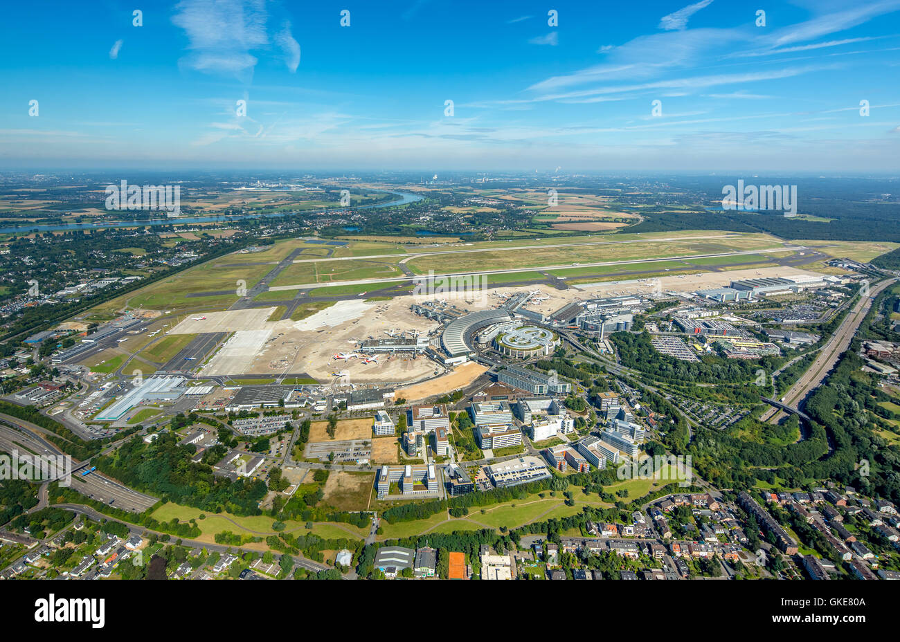 Aerial view, Dusseldorf Airport, EDDL, runways, flight handling, passenger fingers, jets, Sheraton Dusseldorf Airport City, Stock Photo