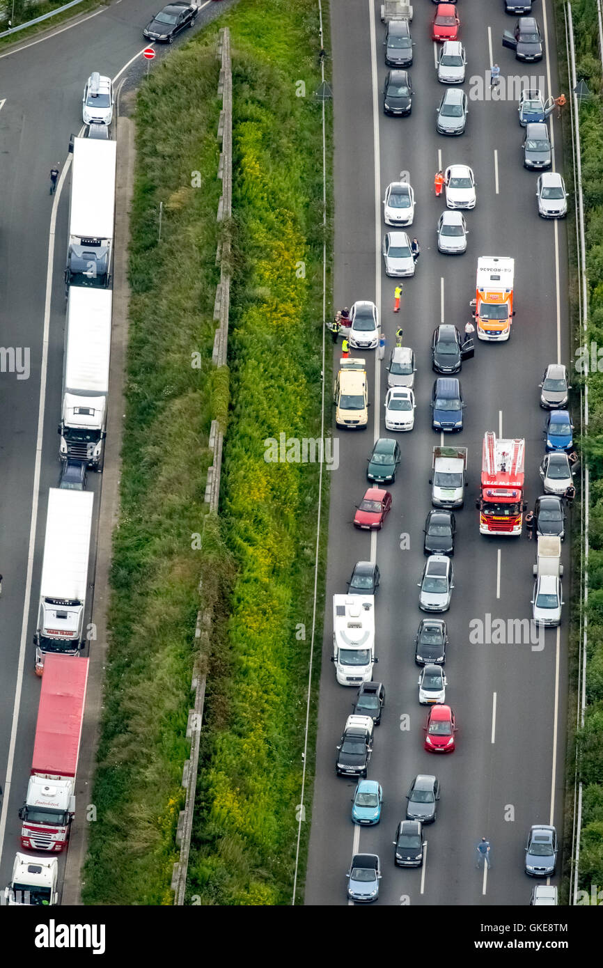 Aerial view, A2 motorway rescue alley, fire use, RTW first aid to a ...