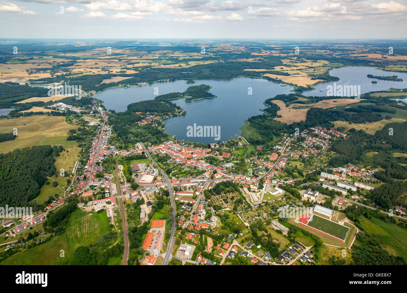 Aerial view, city lake with peninsulas, Lake Krakow, Krakow am See, Mecklenburg Lake District, Mecklenburgian Switzerland, Stock Photo