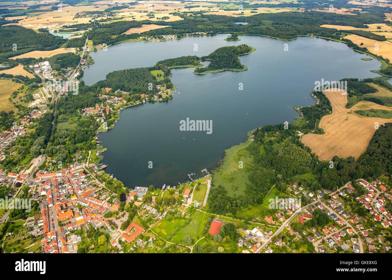 Aerial view, city lake with peninsulas, Lake Krakow, Krakow am See, Mecklenburg Lake District, Mecklenburgian Switzerland, Stock Photo