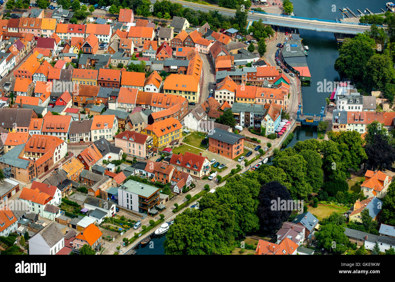 Aerial view, Elde Müritz waterway in city centers with state road 103, Plau, Mecklenburg Lake District, Stock Photo