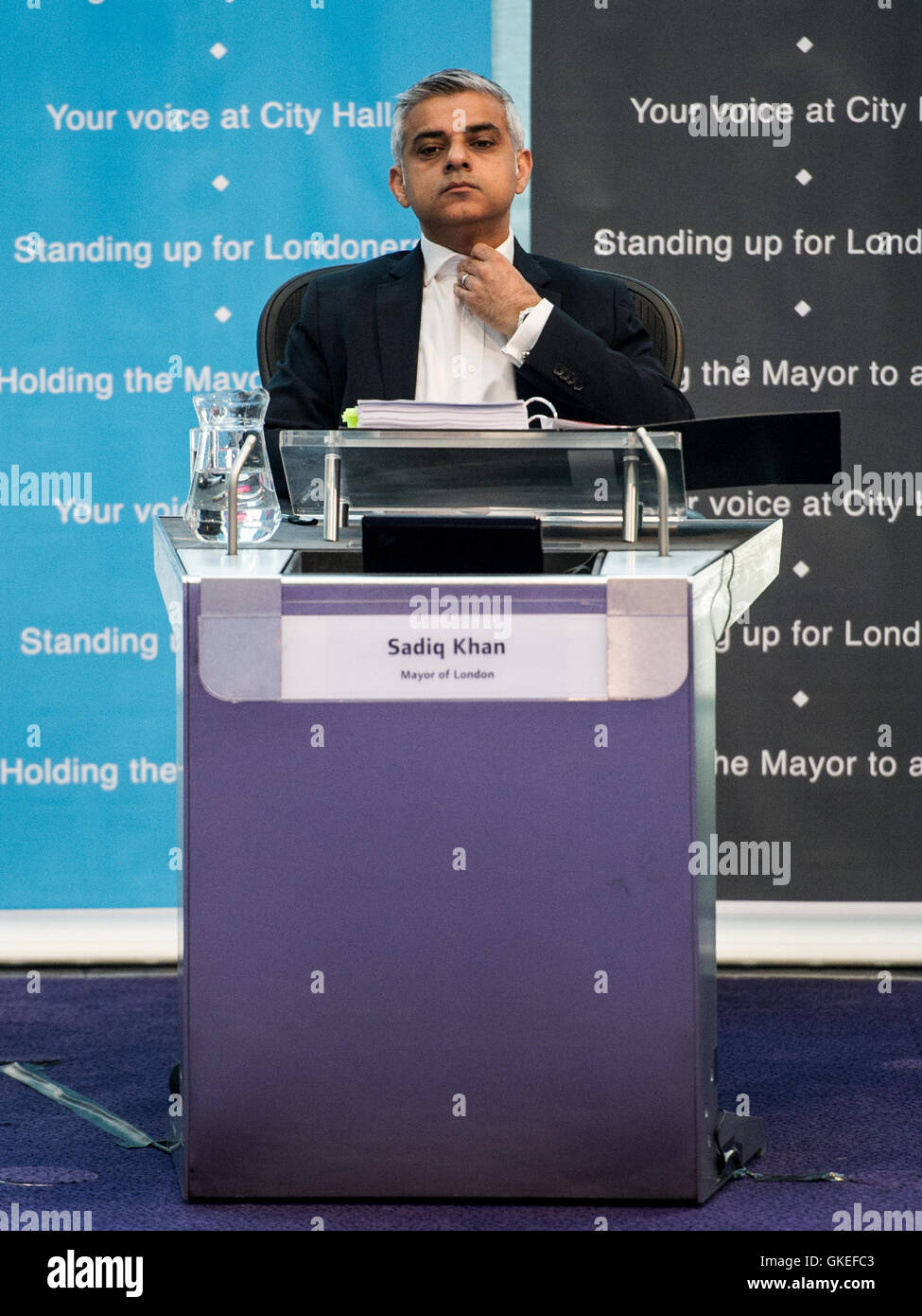 Sadiq Khan, Mayor of London takes questions from Assembly Members on his first session of Mayor’s Questions at City Hall.  Featuring: Sadiq Khan, Mayor of London Where: London, United Kingdom When: 25 May 2016 Stock Photo