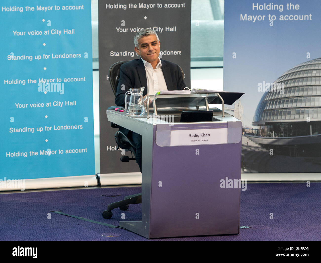Sadiq Khan, Mayor of London takes questions from Assembly Members on his first session of Mayor’s Questions at City Hall.  Featuring: Sadiq Khan, Mayor of London Where: London, United Kingdom When: 25 May 2016 Stock Photo