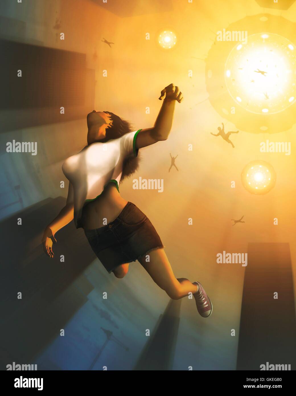 Alien abduction. Computer artwork of a humans being abducted by aliens in a flying saucer. Alongside the increased number of Unidentified Flying Object (UFO) sightings, the number of people claiming to have been abducted by aliens has also risen. Stock Photo