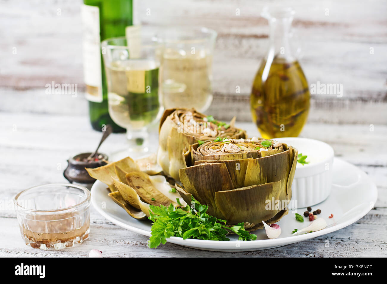 Baked artichokes cooked with garlic sauce, mustard and parsley Stock
