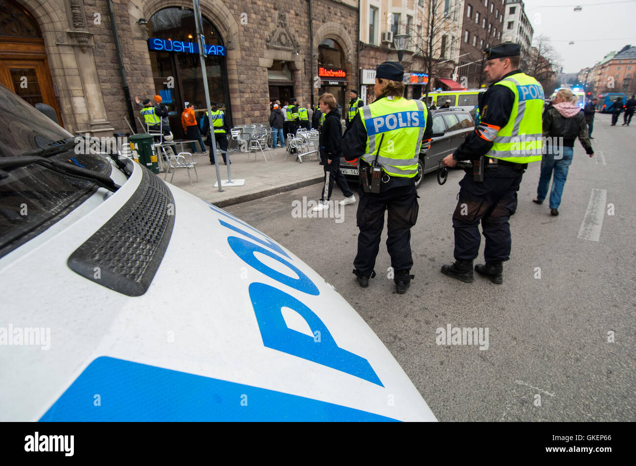 Riot police are prepared before a demonstration. Stock Photo