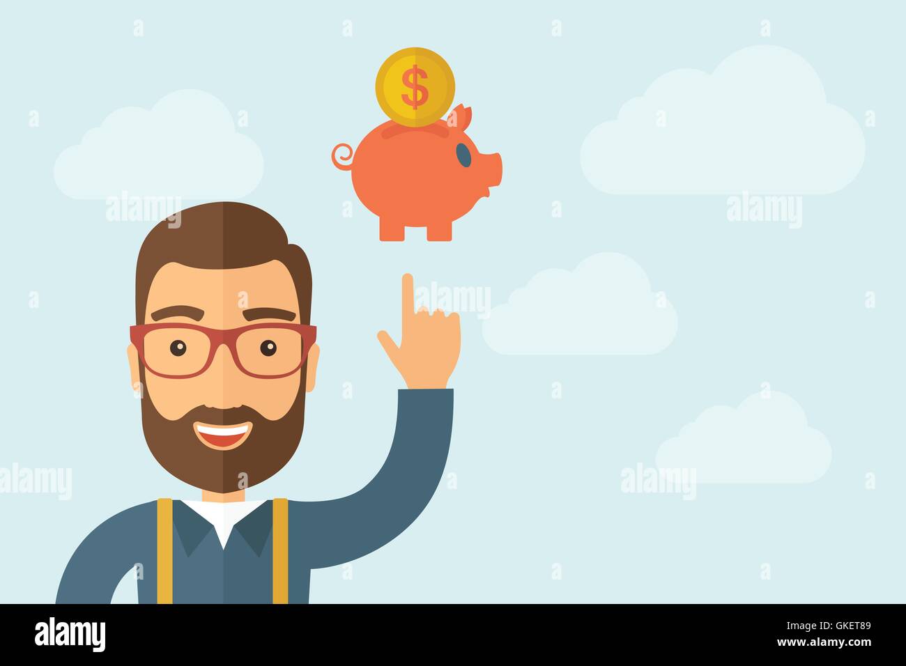 Man pointing the piggy bank icon Stock Vector