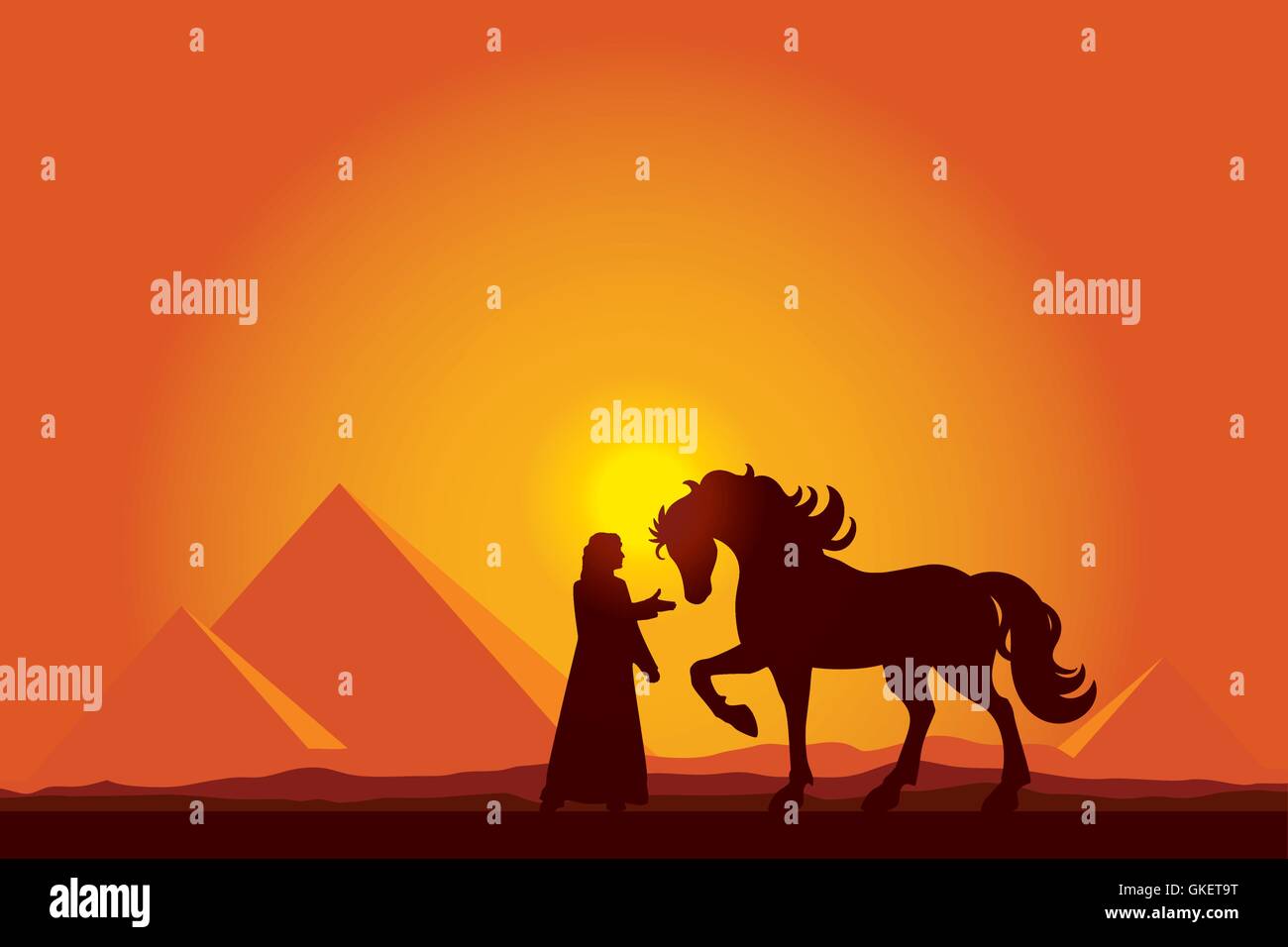 Egypt Great Pyramids with silhouette of Bedouin and horse on sun Stock Vector