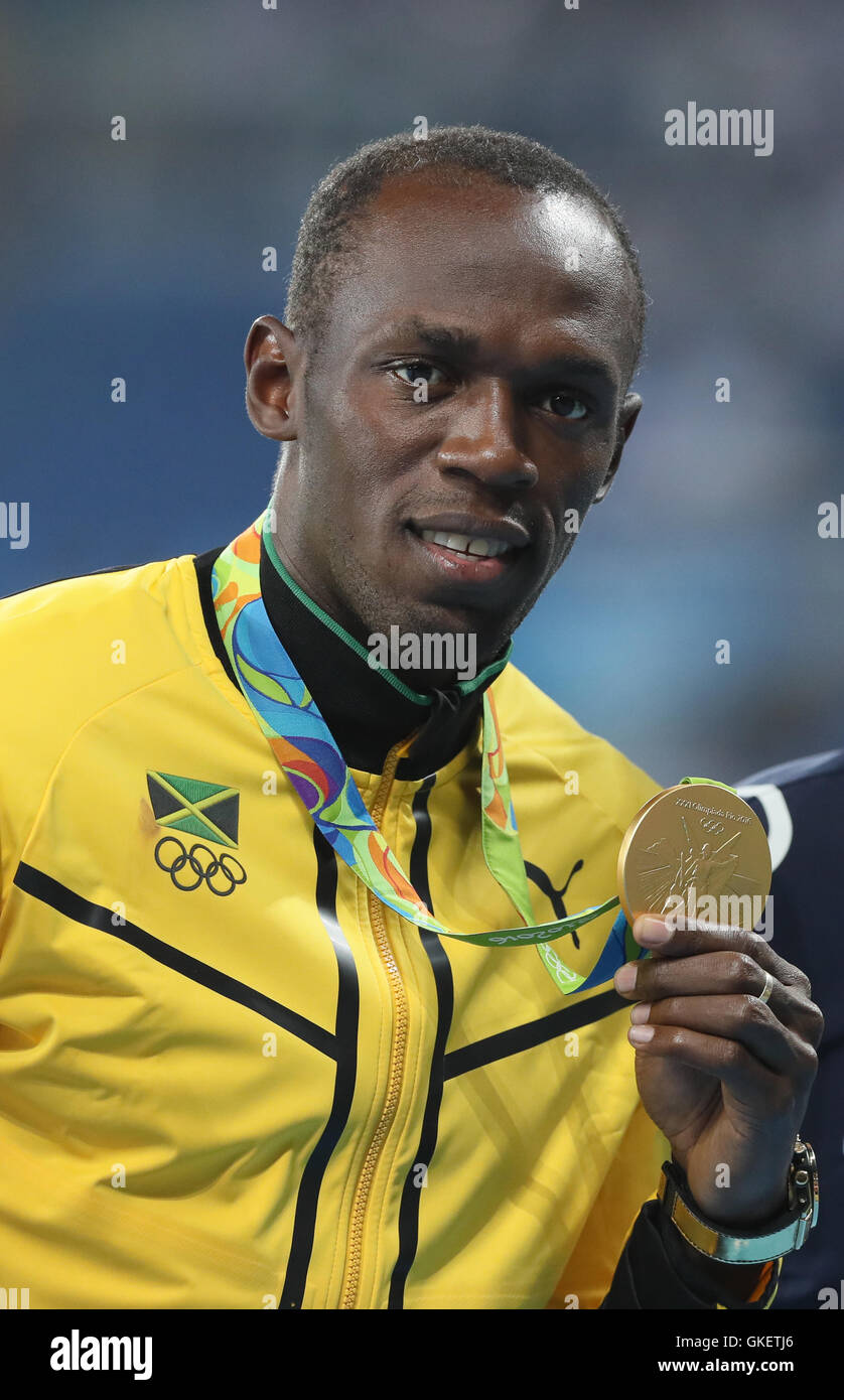 Jamaica's Usain Bolt with his gold medal for the Men's 200m Final at