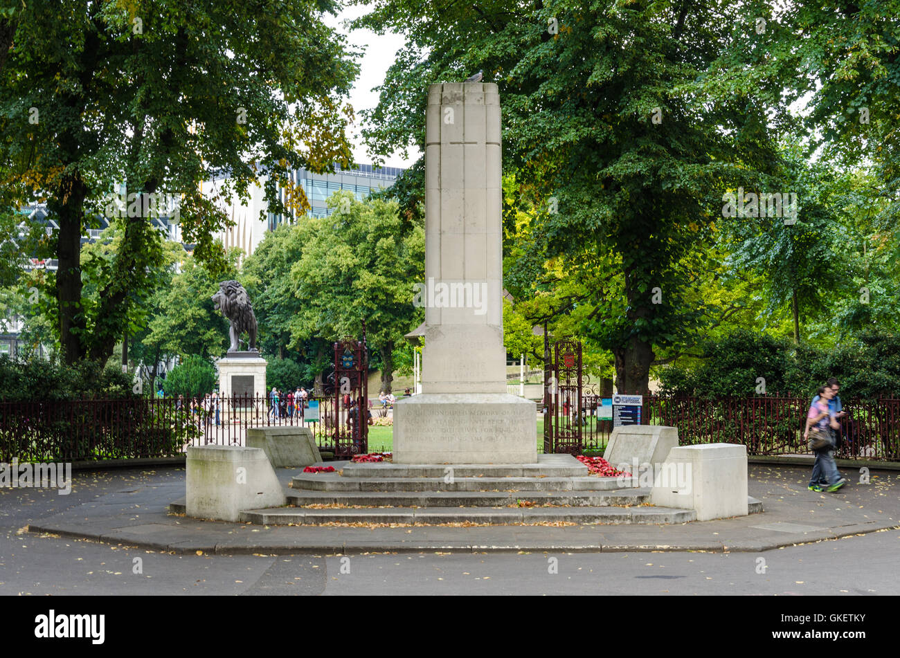 Reading War Memorial is situated in front of the main entrance to Forbury Gardens in Reading, Berkshire Stock Photo