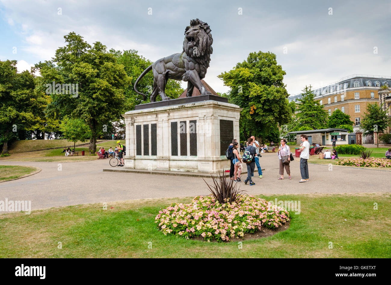 A view looking across Forbury Gardens in Reading, UK which features the Maiwand Lion at it's centre. Stock Photo