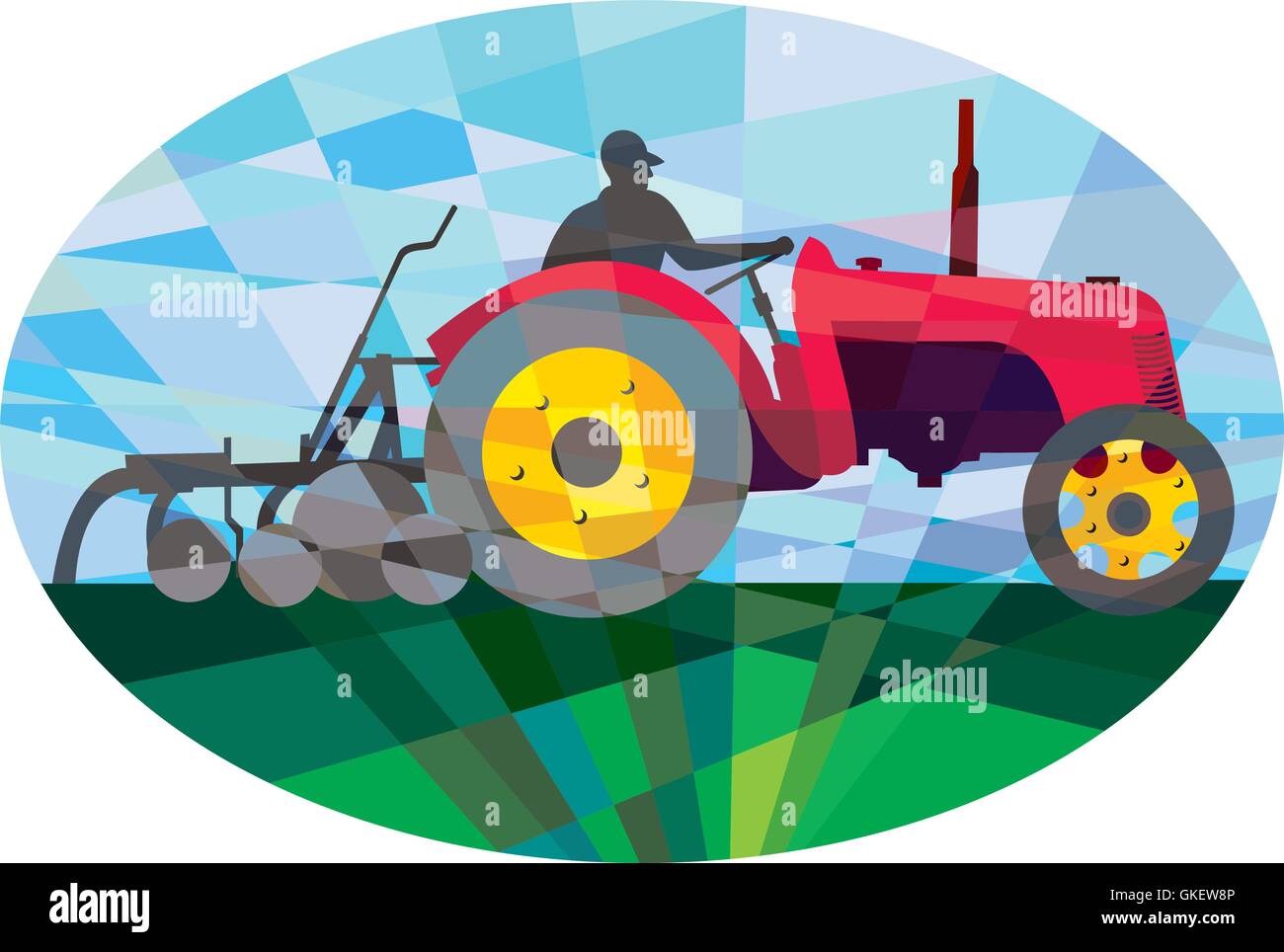 Farmer Driving Vintage Farm Tractor Oval Low Polygon Stock Vector Image ...