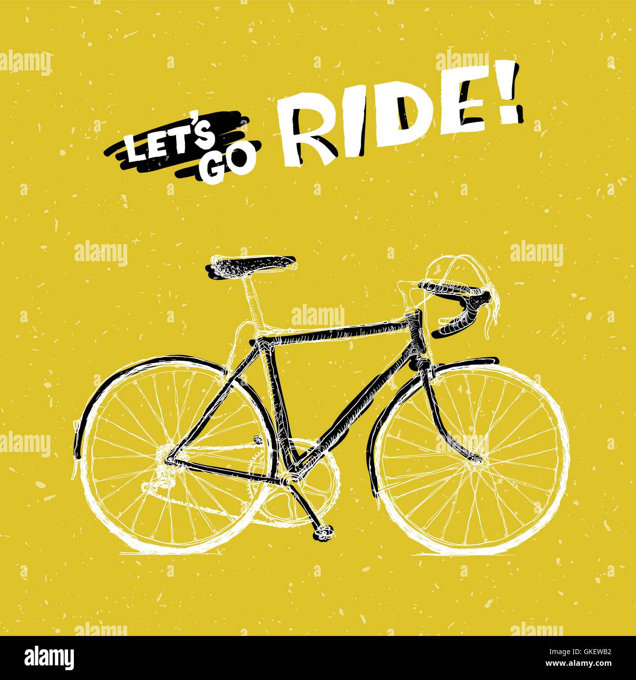 Bicycle Illustration with Phrase 'Let's Go Ride' on Yellow Textu Stock Vector