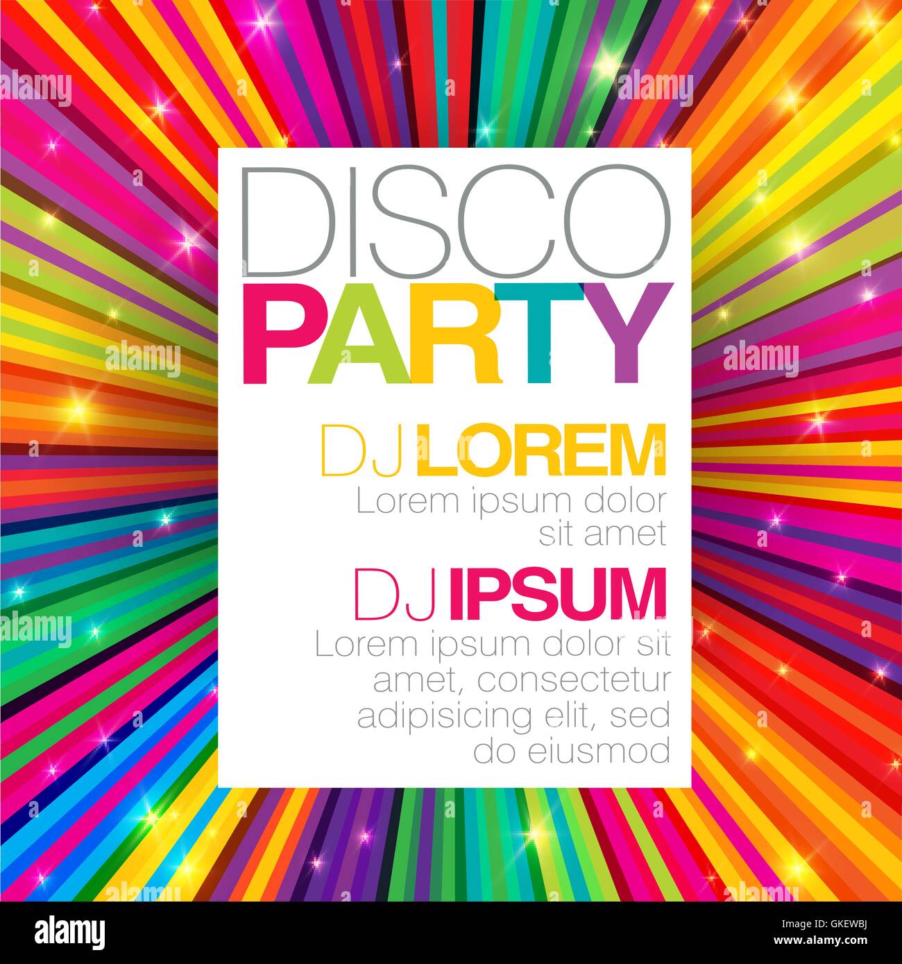 Disco poster or flyer design vector template on colorful rays ba Stock Vector