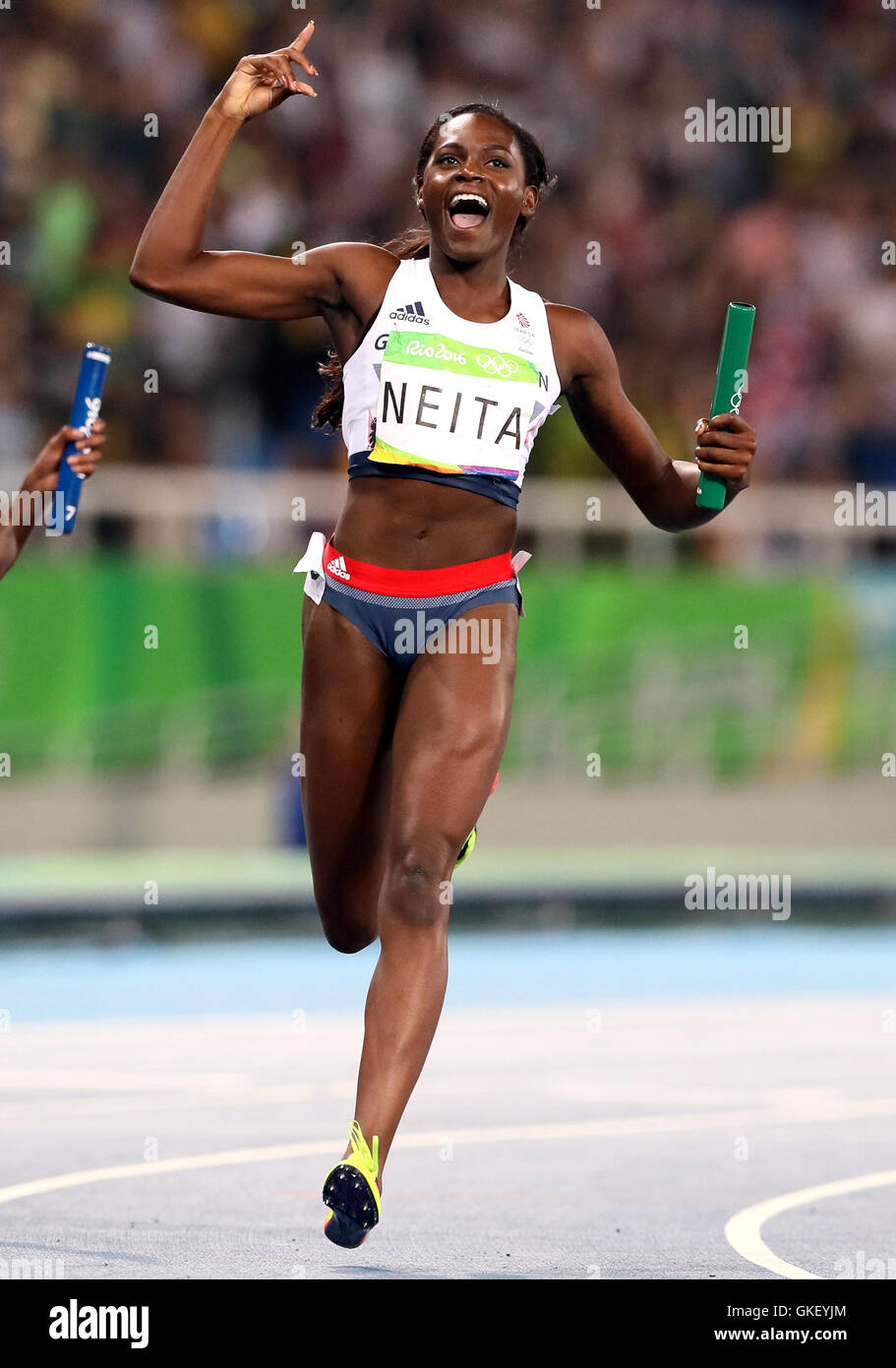Great Britain's Daryll Neita celebrates after anchoring the Women's 4 x ...