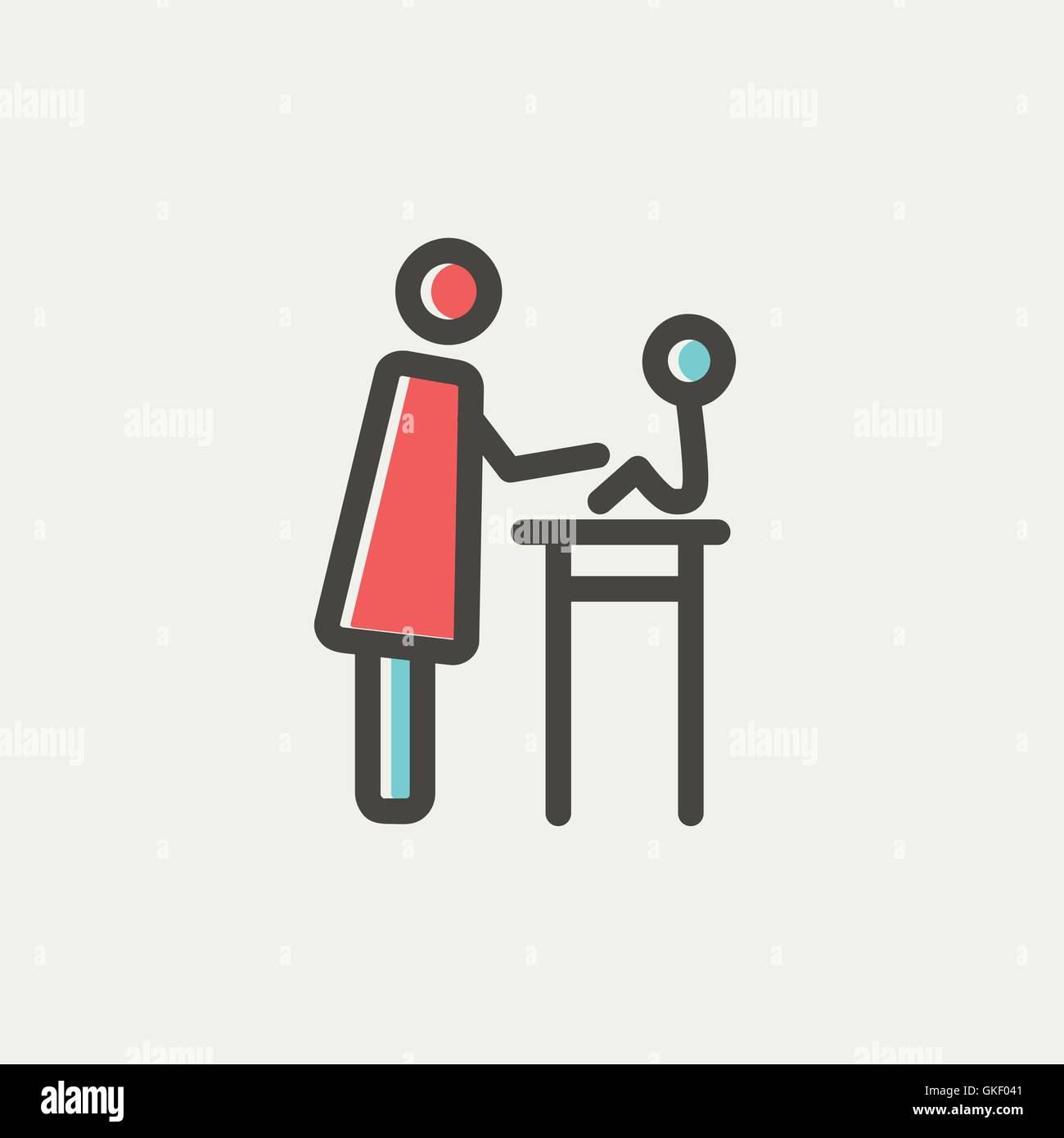 Mother taking care of her baby sitting on high chair thin line icon Stock Vector