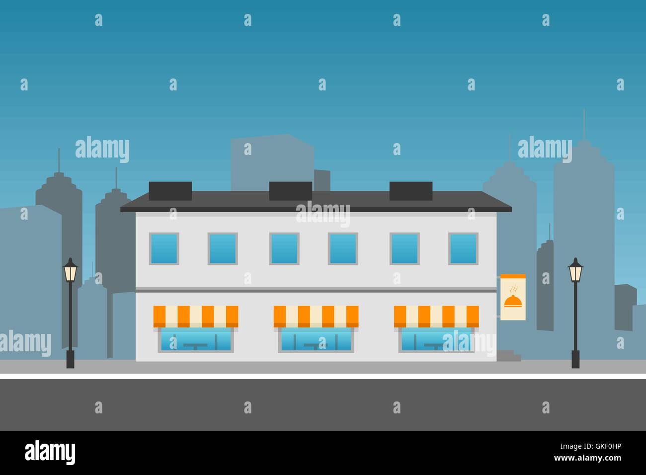 Cityscape with restaurant building. Flat illustration. Stock Vector