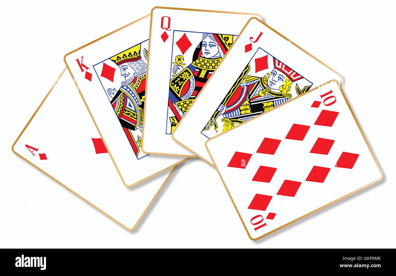 Create an artistic representation of a royal flush, the highest-ranking  hand in poker, using vibrant colors and intricate details. showcase the  five cards (ace, king, queen, jack, and ten) from a single